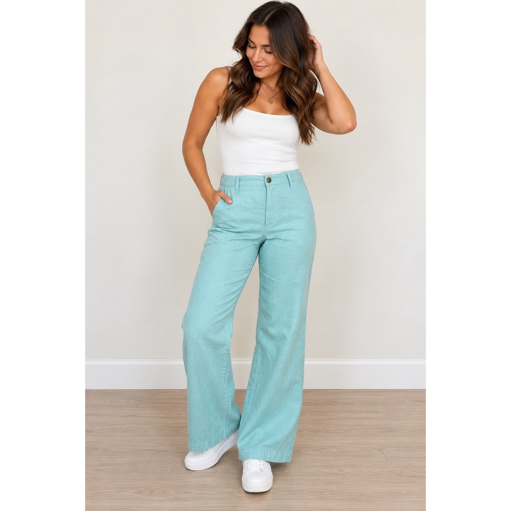 KUT From The Kloth Meg Wide Leg Pants Women 12 Linen Blend Turquoise Blue NWT